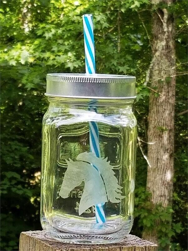 Etched Horse Head Lidded Glass Mason Jar  with striped straw #A44ET