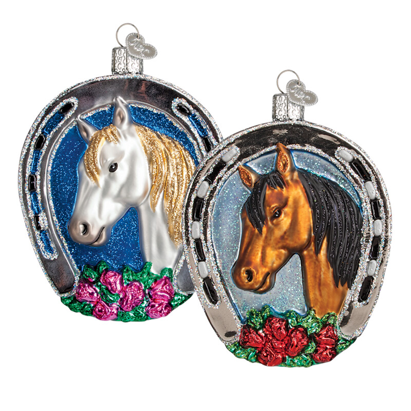 Old World Hand Blown Horse Head in Horseshoe Ornament #957GB