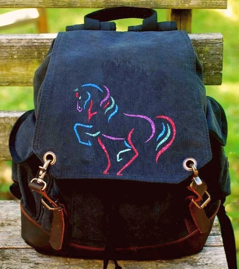 Maestro Glitter Horse Leather Accent  16" Vintage Expedition Backpack #A78MG