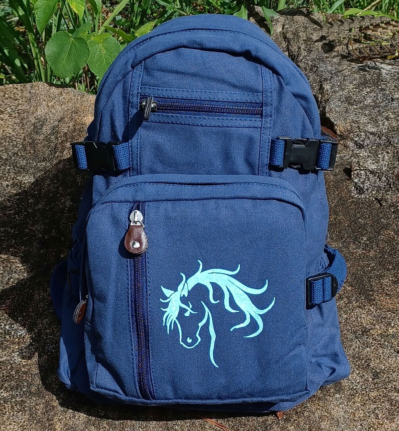 Glitter Valentino Horse Art  15" Burly Canvas Navy Backpack # A720NV