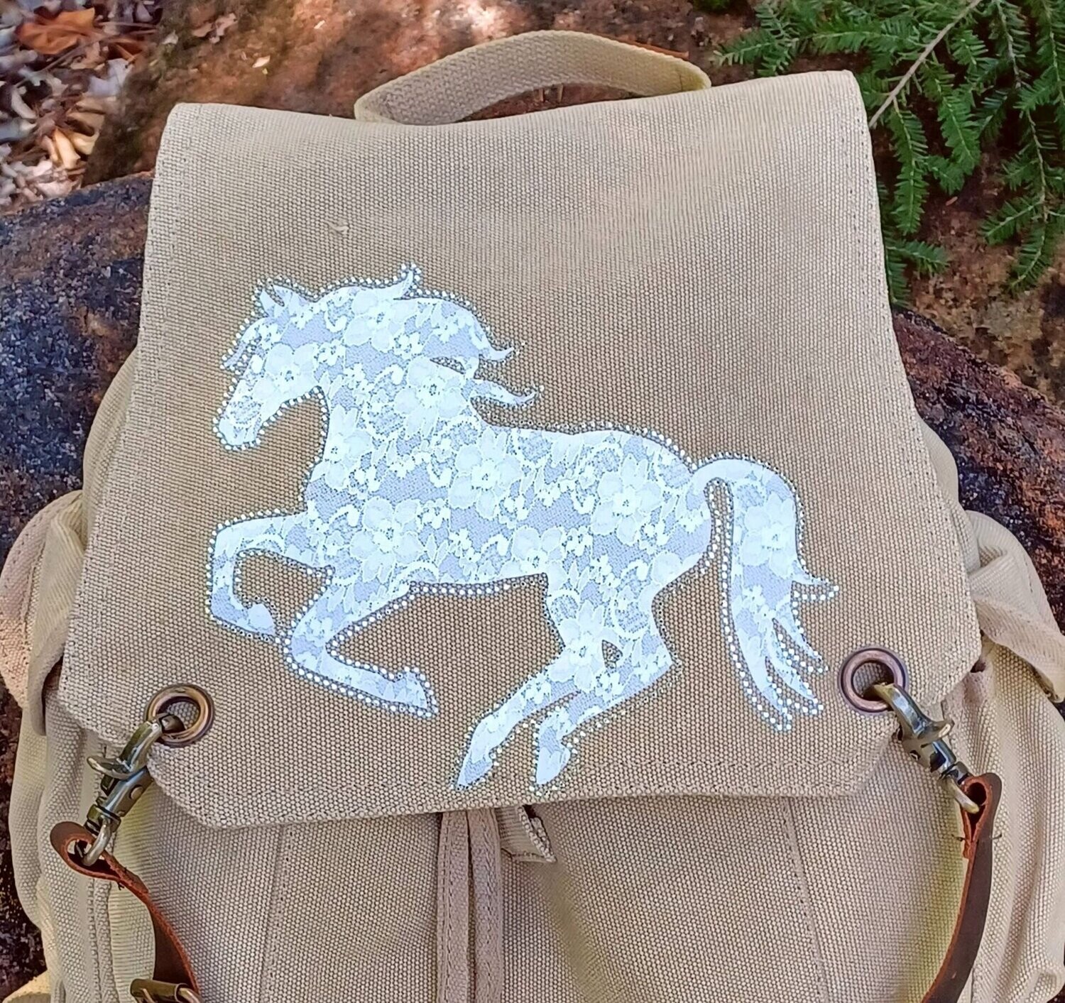 Laced Galloping  Horse 16" Vintage Natural Canvas Backpack #ATC12