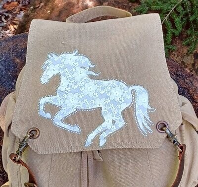 Laced Galloping Horse 16" Vintage Natural Canvas Backpack #ATC12
