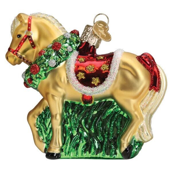 Old World Hand Blown Holiday wreath Horse Ornament #953WP