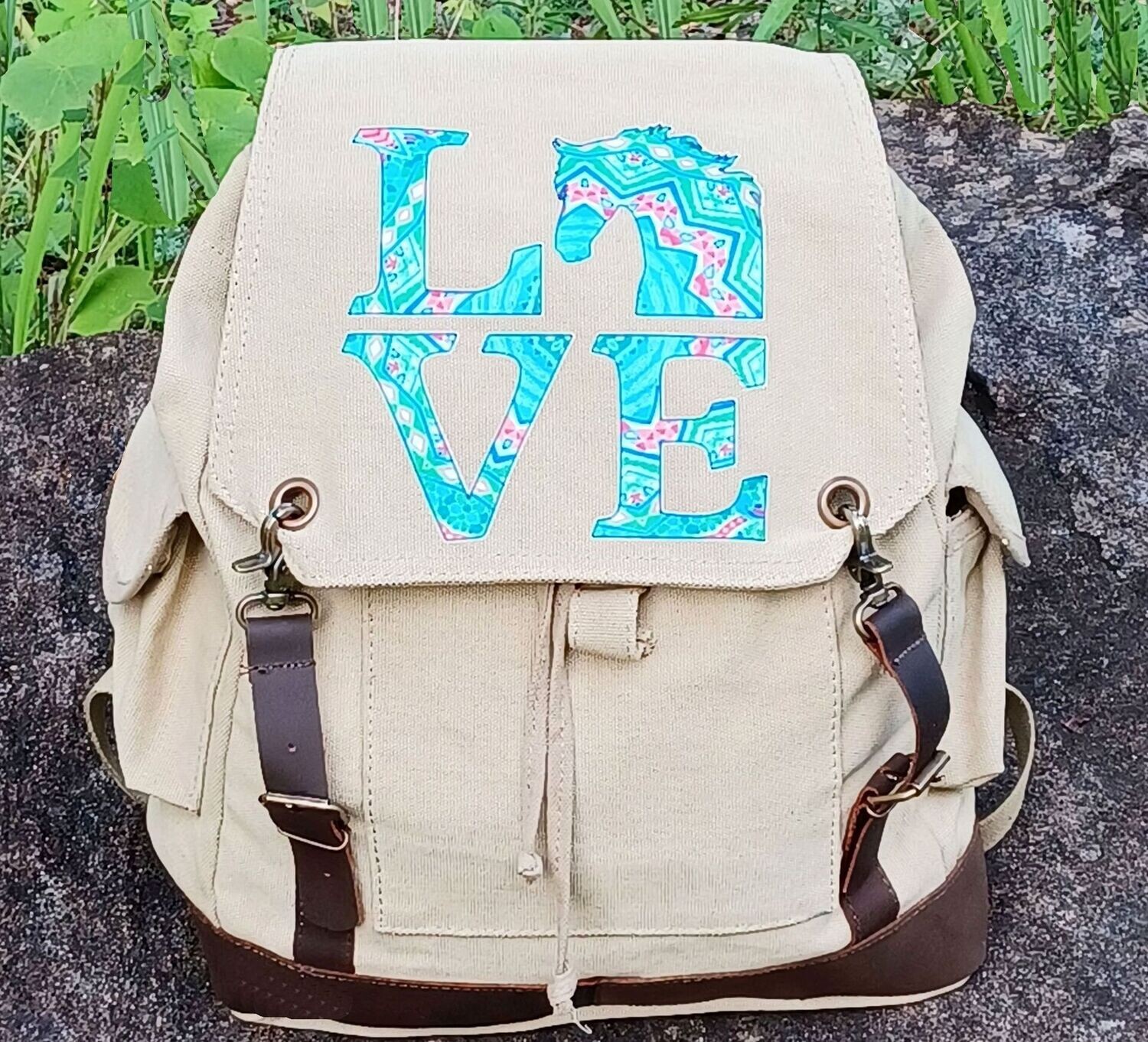 Horse LOVE Blue  Mosaic 16" Vintage Natural Canvas Backpack #AT418