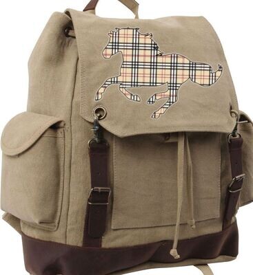 Plaid Cantering Horse 16 Burly Grey Canvas Leather Accent Backpack #AM322 P