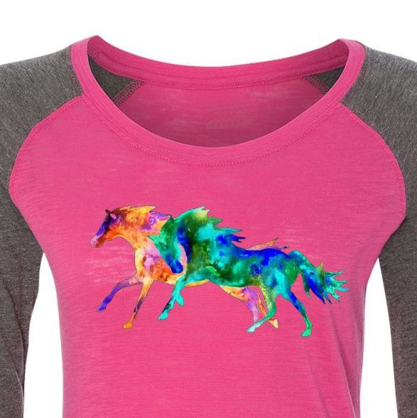 Pastel Horses Ladies 3/4 Sleeve Ash/Fuchsia Patch Sleeve Contrast Raglan  #AM3PL