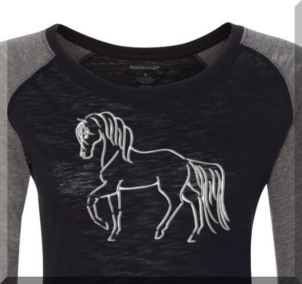 Pretty Prancing Paso FIno  Ladies 3/4 Sleeve Ash/Black Patch Sleeve Contrast Raglan  #A927P