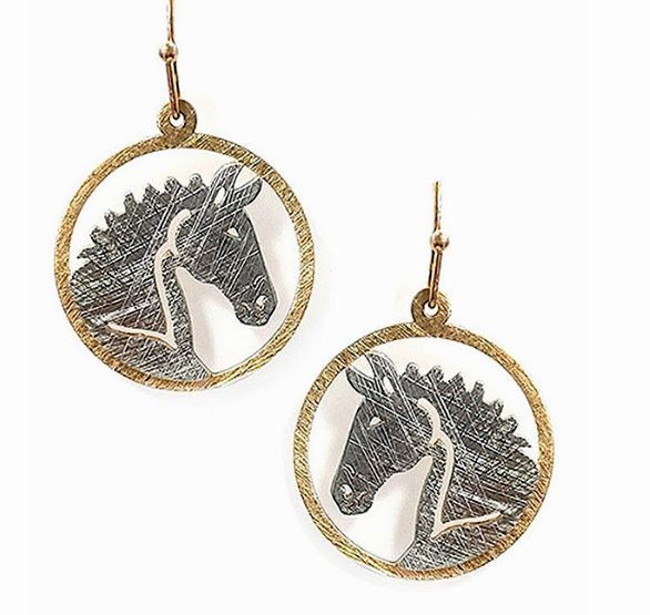 Distressed Horse in Circle 2 Tone  fashion hook earrings #499C