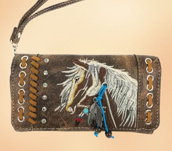 Embroidered Horse Head PU Leather Cross BodyTrifold Clutch Wallet #T33TF