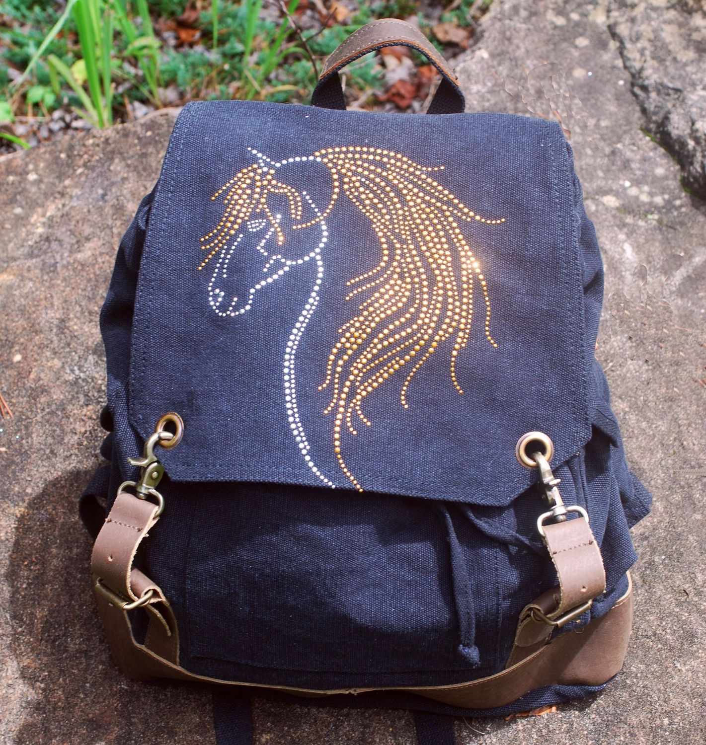 Stephano  Horse Art Glitter Rhinestone Leather Accent 16" Vintage Expedition Backpack #A414B