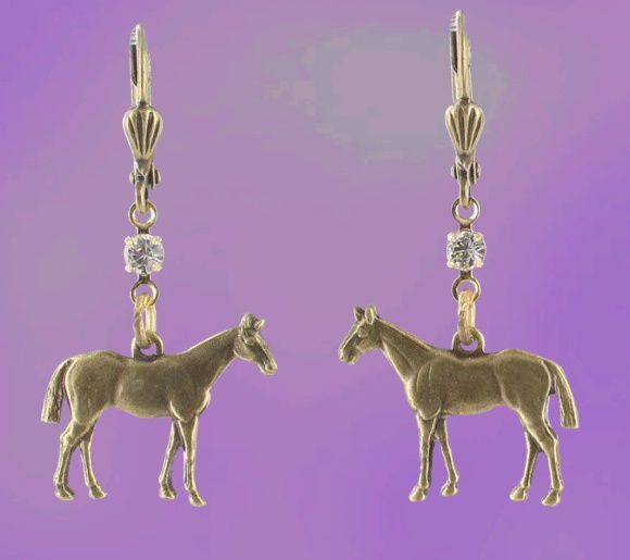 Vintage Look Plated Brass Standing Horse Lever Back Earrings #5358, Select Color: Clear stones