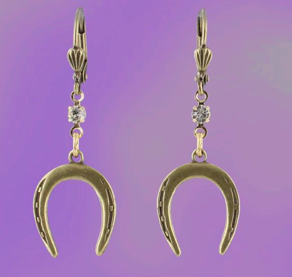 Vintage Look Plated Brass  Horseshoes  Lever back Earrings #5358HS, Select Color: Clear stones