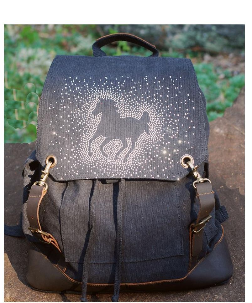 Rhinstudded Galloping  Horse 16" Vintage Black Canvas Backpack #A72GG