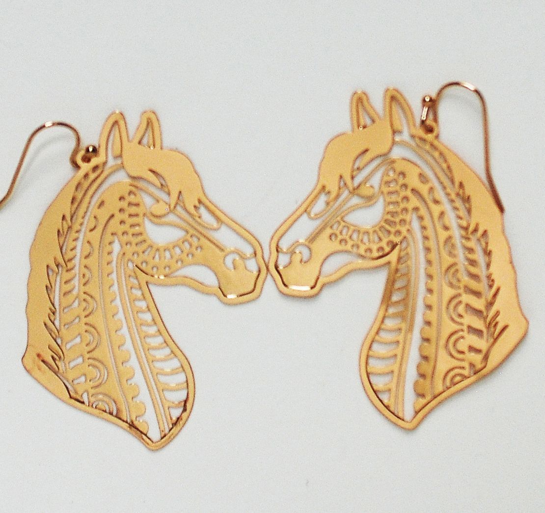 Mandala Horse Laser Cut Gold tone fashion hook earrings #491B