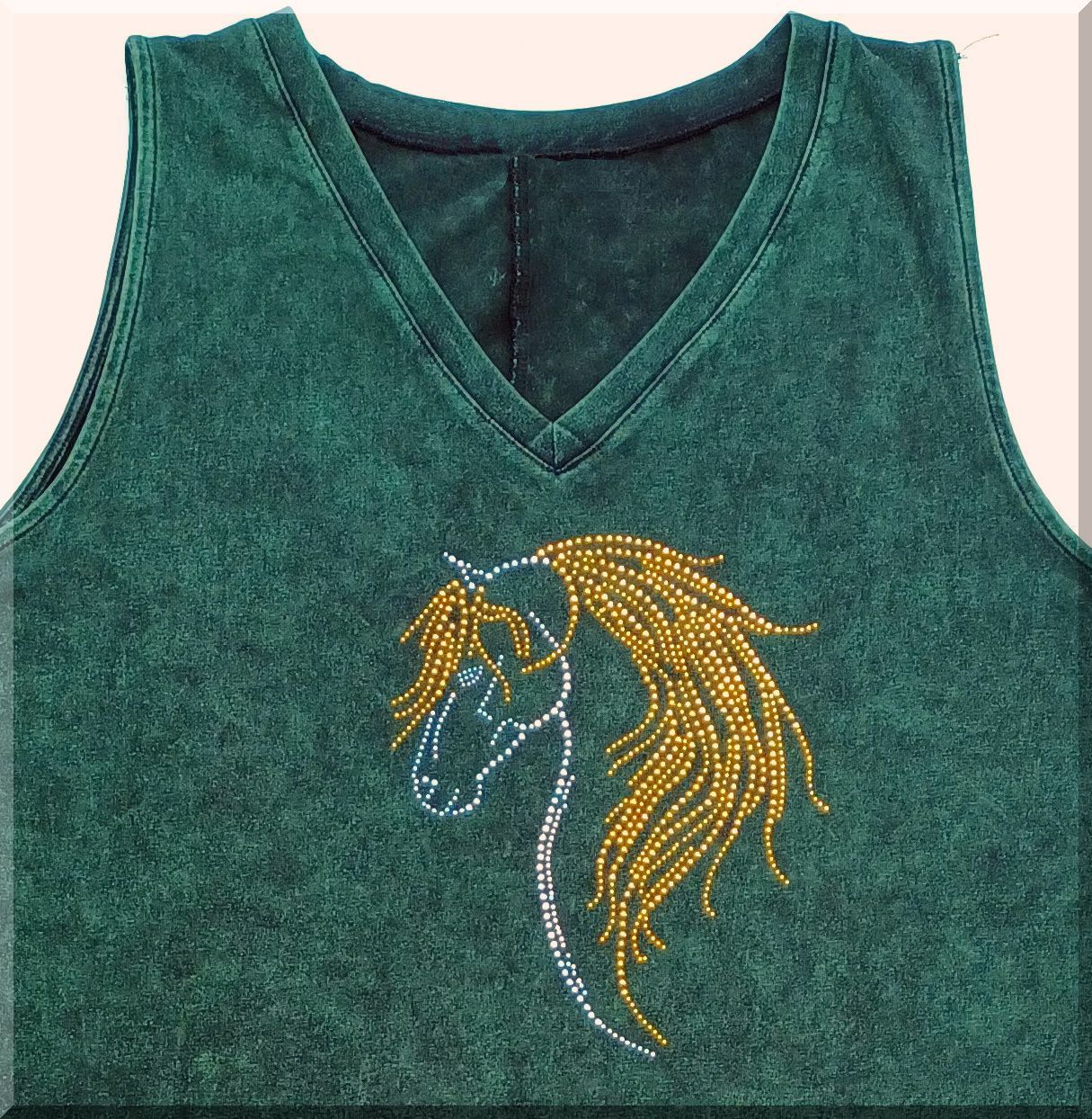 Rhinestudded Stephano Horse Art  Mineral Washed cotton  Ladies V-neck PLUS Tank w/side slit Detail #A2PT