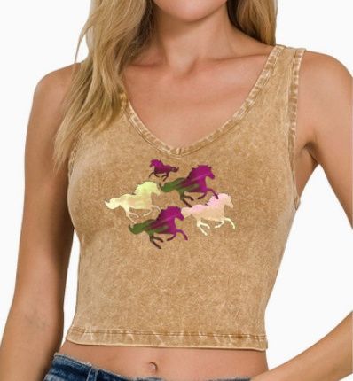 Colorful Herd Washed cotton  Art Ladies Tank w/Back Patch Detail #A2WT