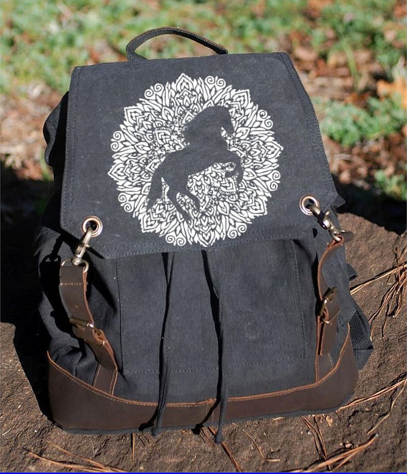 Mandala Horse  16" Vintage Expedition Canvas Backpack #AT3EX