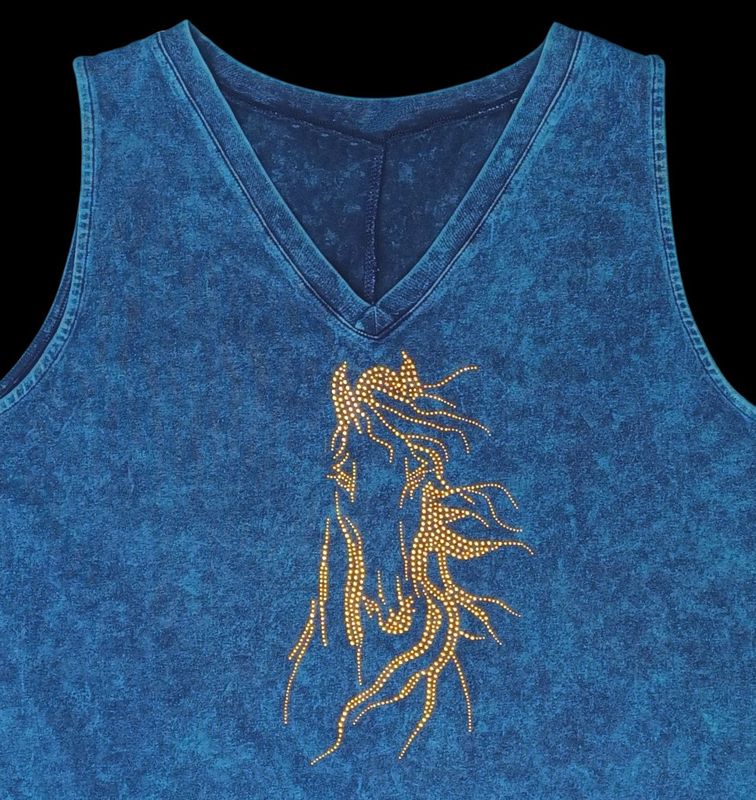 Rhinestudded Dante Horse Art  Mineral Washed cotton  Ladies V-neck PLUS Tank w/side slit Detail #A2PT