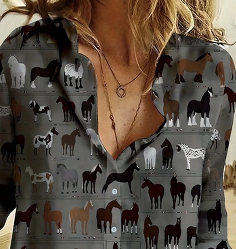 Horses on Grey Ladies  Casual Big Shirt #AM33T