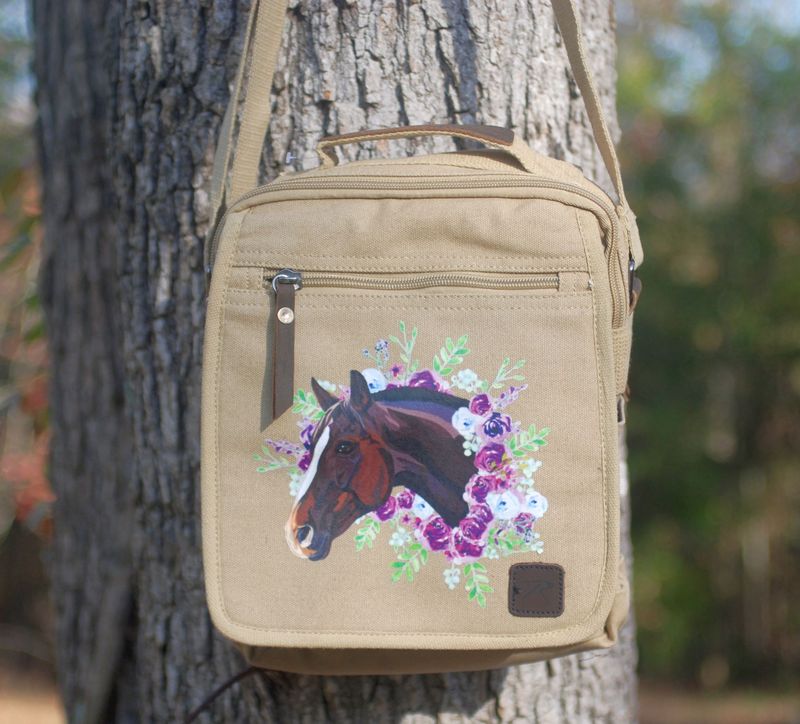 Bay Horse in Floral Wreath  Canvas Cross Body Bag #AT92C