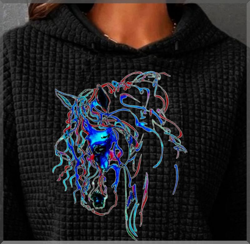 Ladies Waffle Weave Brioso Horse Black Hoodie #AT5W