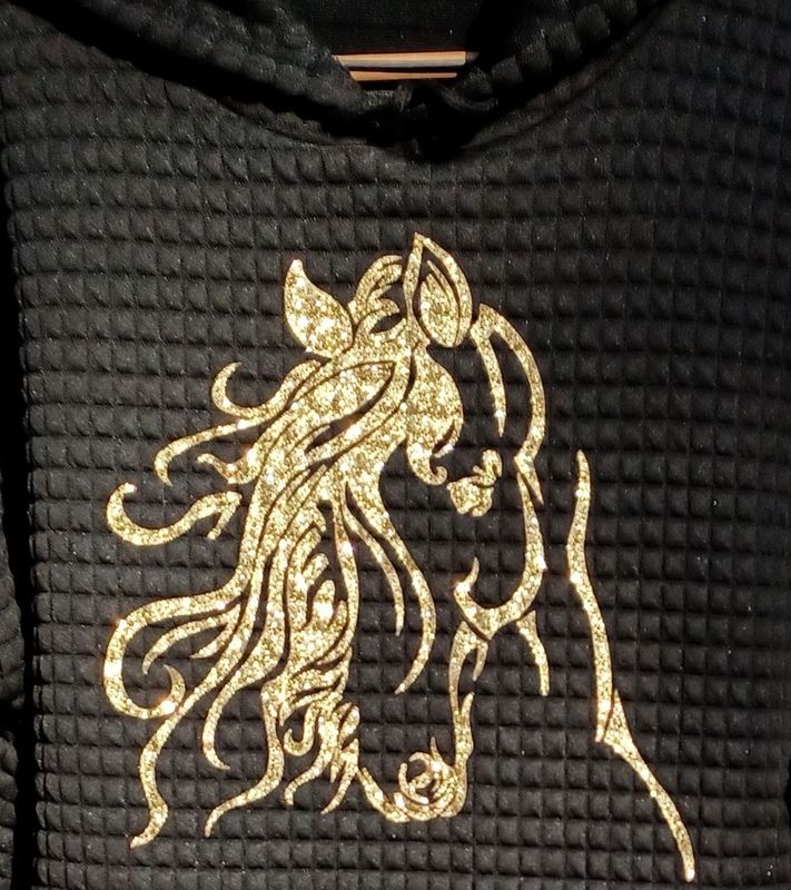 Ladies Waffle Weave Gold Brioso Glitter Horse Black Hoodie #AT5W