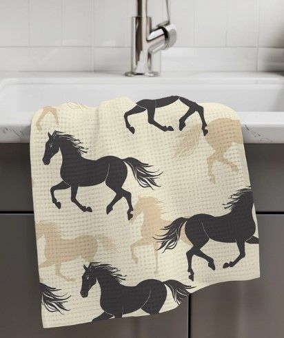 Horses In Black & Tan Lint Free Waffle Weave Kitchen Towel #445C
