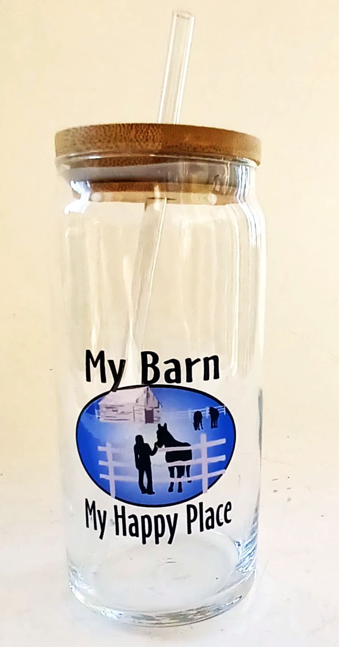 16 OZ"My Barn My Happy Place" Art glass tumbler with Bamboo lid and glass straw A750T