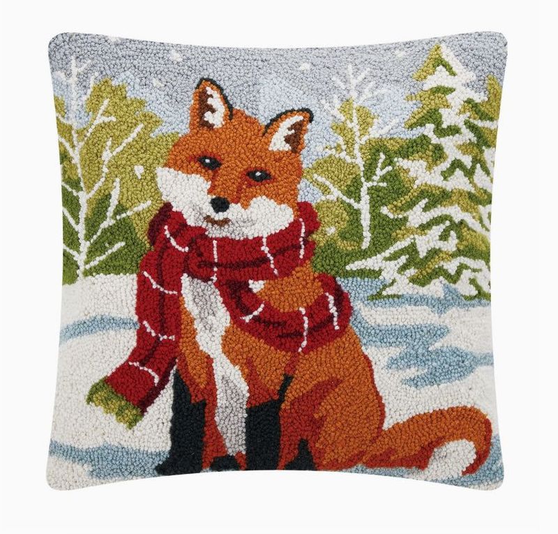Sitting Fox with Red Scarf- Snow Fall Hooked Wool- 18" Pillow  #922SF