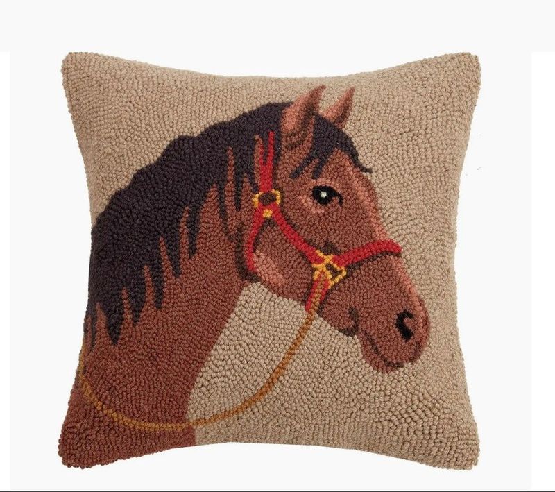 Bay Horse in Halter 100% Hooked Wool- 16" Pillow  #922SF