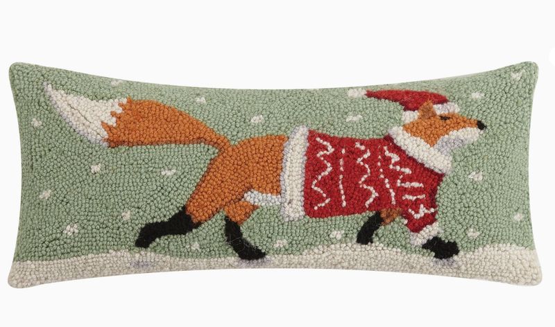 Trotting Fox w/ Christmas Sweater- Snow Fall Hooked Wool- 20" Pillow  #922TF