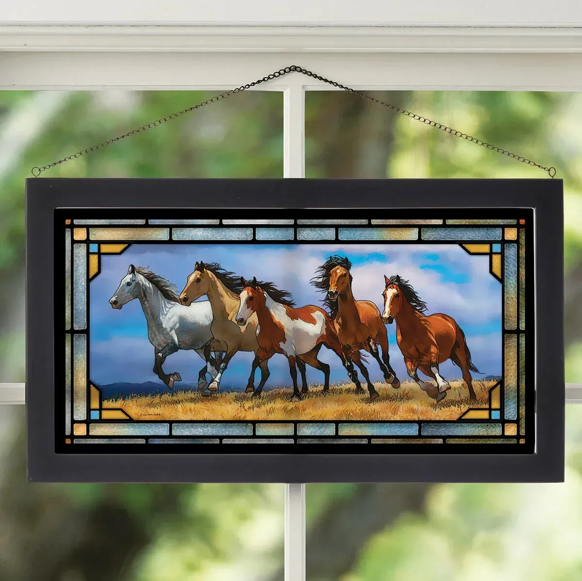 Cummings “Over the Top” 5 Horses 23” Stained Glass  Wall/window Art #AB26