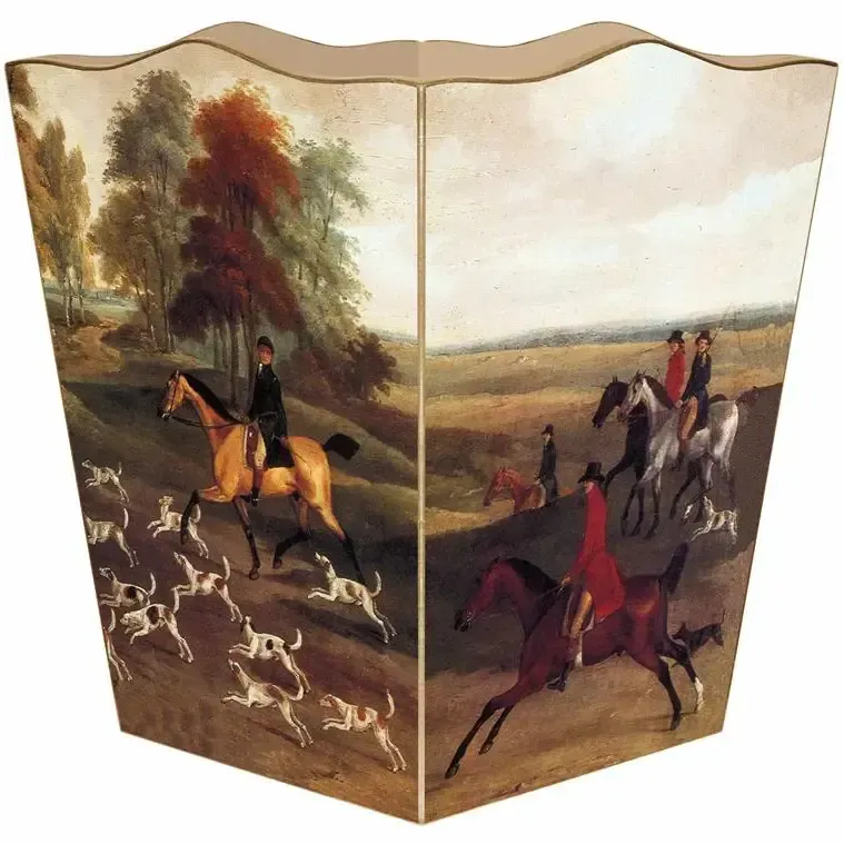 English Hunt scene Tally Ho  Scallop Top Wooden Waste Bin USA made  #422MK