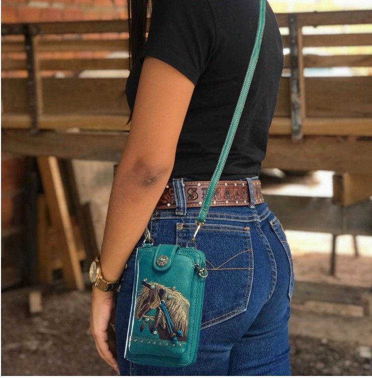 Embroidered Horse Head PU Leather Cross Body Phone Wallet #T33CP