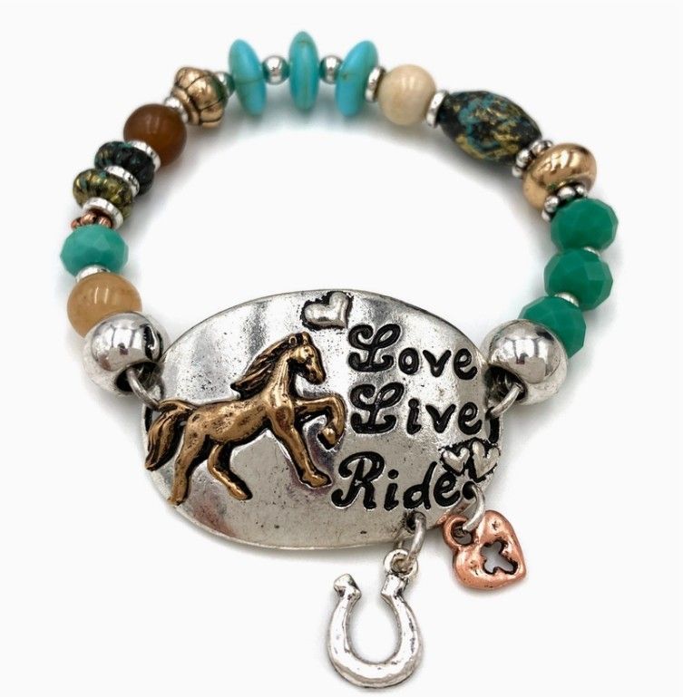 Live Love Ride Horse Turquoise Beads Stretch Bracelet #414TH