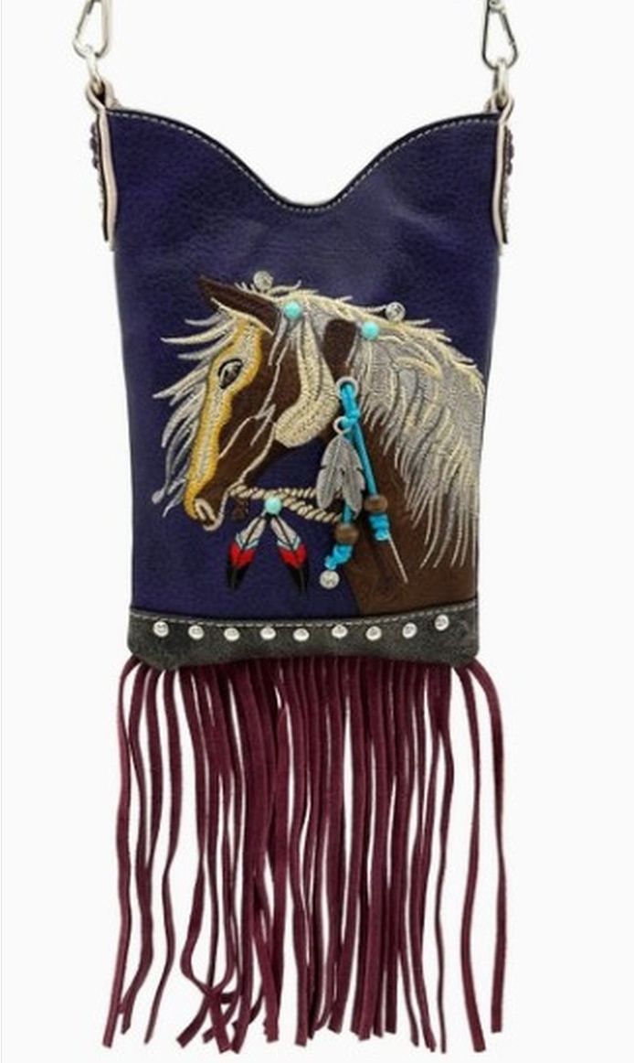 Embroidered Horse Crossbody Fringed Bag
