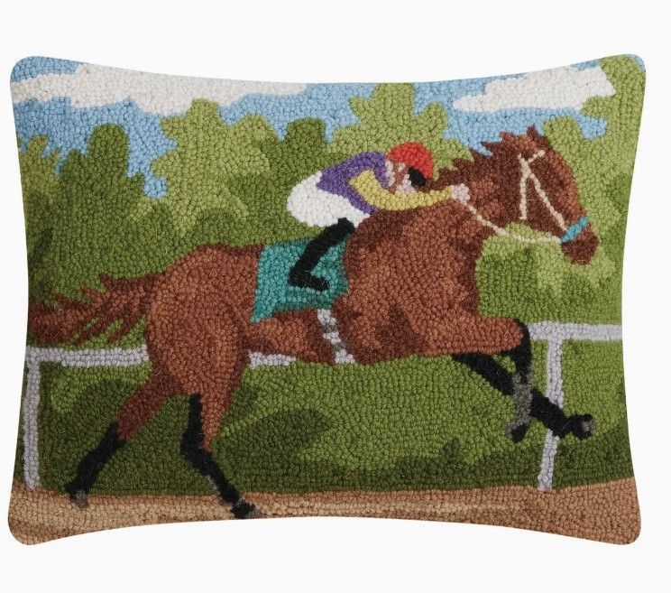 Galloping Thoroughbred Race Horse Hooked Wool-velvet backed 14" x  18" Pillow  #925TH