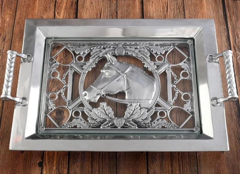 Classic Horse  Head, Stirrups & Bits Glass Top  Polished Aluminum 20"  Serving Tray #PA369