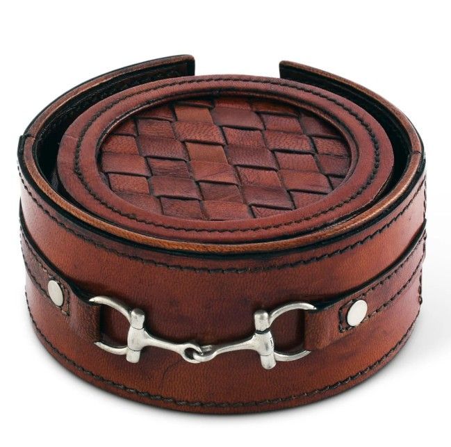 Pewter & Leather Snaffle Bit Coaster set with braided leather accents  5"  #PP772