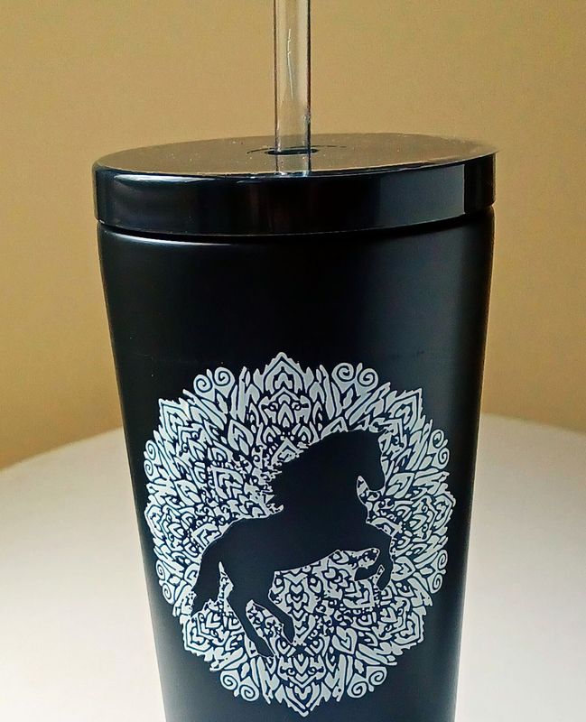 20 OZ 20 OZ "Mandala Rearing Horse Art" Stainless Steel Black tumbler with glass straw A80CH