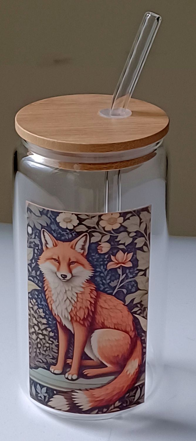 Sly Fox & FLowers " wrap around design glass tumbler with Bamboo lid and glass straw A80CH