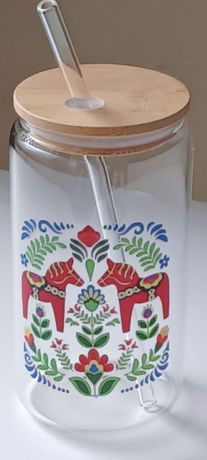 Dala Horse design glass tumbler with Bamboo lid and glass straw A77DH