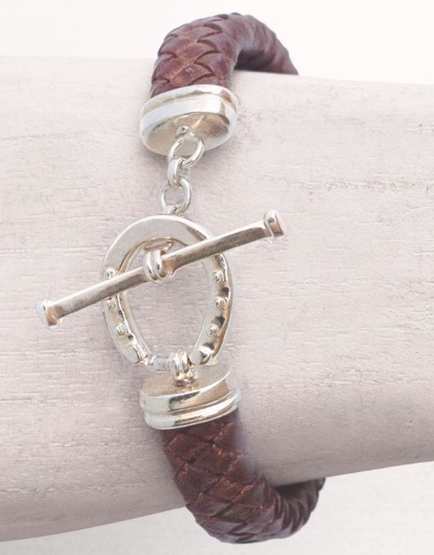 Sterling Silver & Brown Braided Leather Horseshoe Toggle Bracelet #EU27 Sterling Silver & Brown Braided Leather Horseshoe Toggle Bracelet #EU27