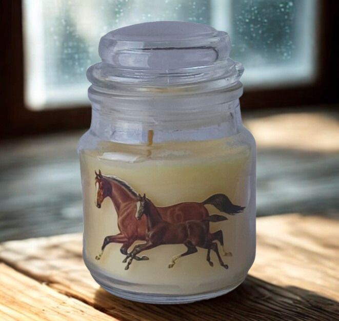 Vintage art Mare and Foal Vanilla Scented Glass Jar Candle (3 oz.) #ACV2 Vintage art Mare and Foal Vanilla Scented Glass Jar Candle (3 oz.) #ACV2