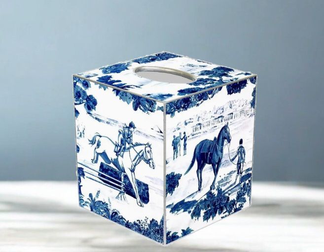 Blue Toile Equestrian Paper Mache Tissue Box Cover - USA made #MK45 Blue Toile Equestrian Paper Mache Tissue Box Cover - USA made #MK45