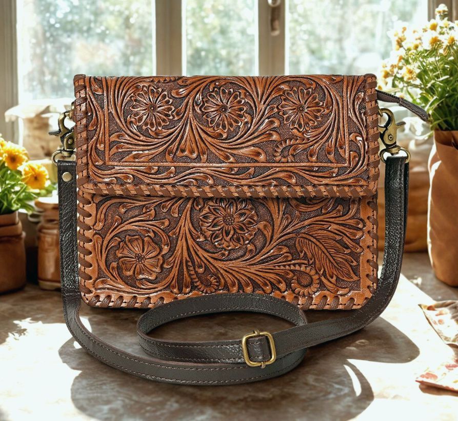 Western Floral Laced Edge Hand Tooled Full Grain  Pecan  Colored Leather 10" Crossbody Bag #LS41