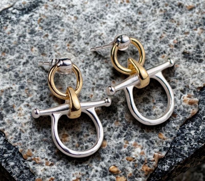 Sterling Silver Snaffle Bit Earrings with 14K Gold Accents #EU12 Sterling Silver Snaffle Bit Earrings with 14K Gold Accents #EU12