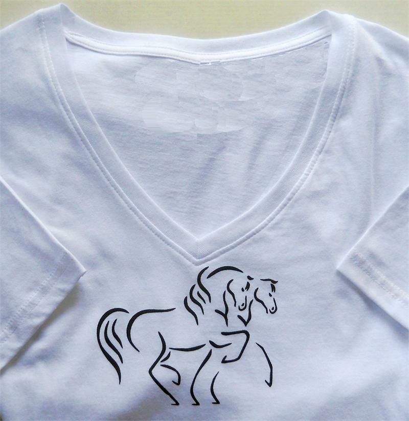Maestro Duo Horse Art Ladies sheer v-neck white t-shirt #A302NK Maestro Duo Horse Art Ladies sheer v-neck white t-shirt #A302NK