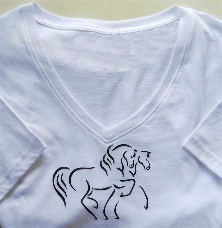 Maestro Duo Horse Art Ladies sheer v-neck white t-shirt #A302NK Maestro Duo Horse Art Ladies sheer v-neck white t-shirt #A302NK