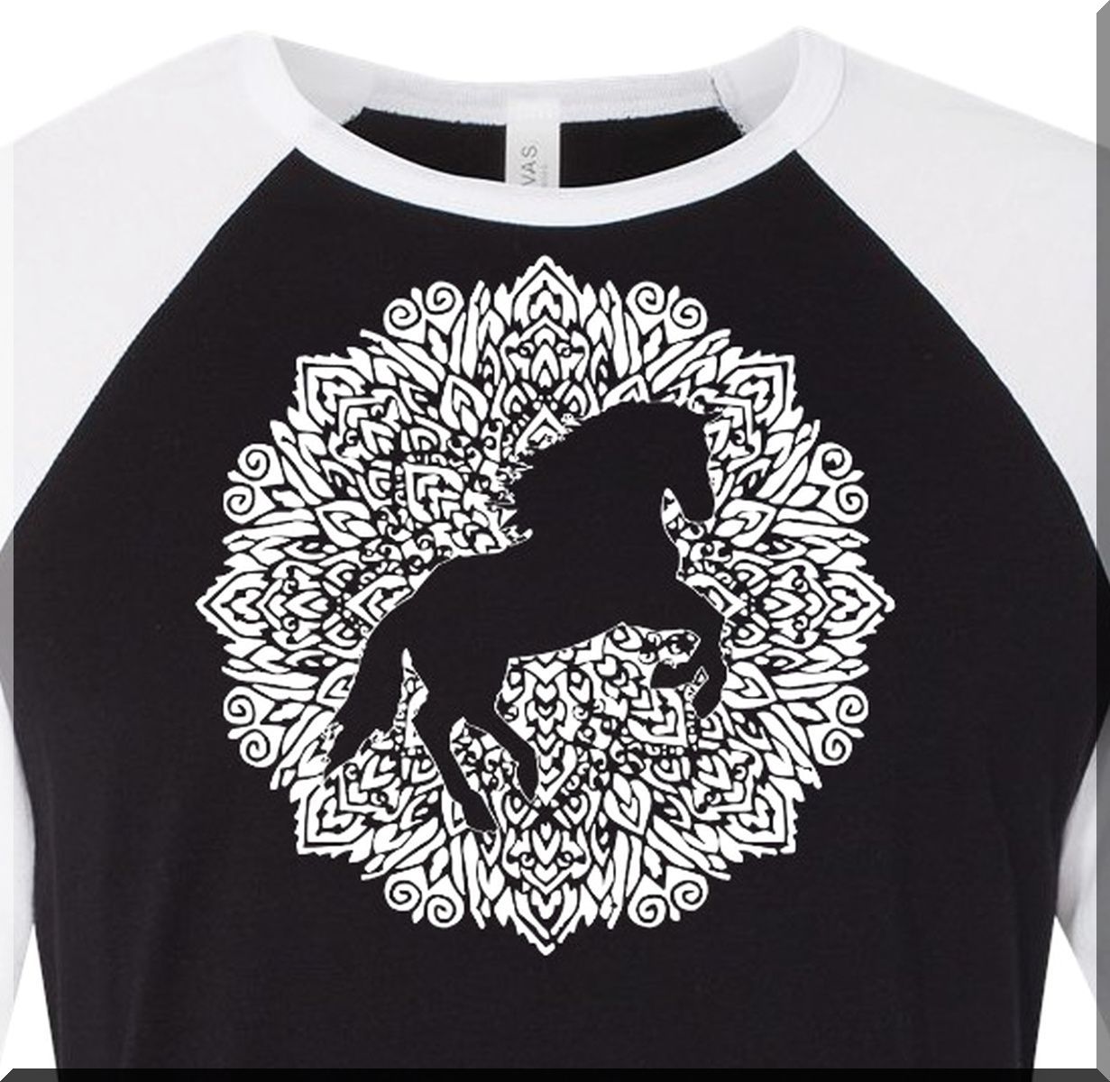 Mandala Rearing Horse Art 3/4 Sleeve Unisex Raglan Tee #AT3B Mandala Rearing Horse Art 3/4 Sleeve Unisex Raglan Tee #AT3B